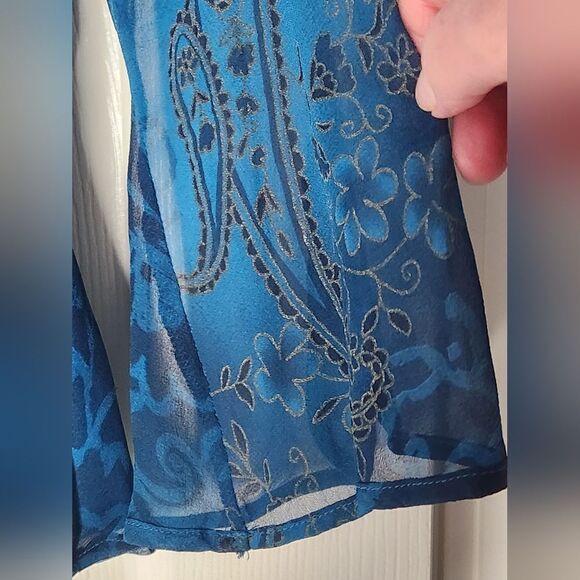 New York City M NavyUsafaBlue 100% SILK Bell Slv Lined Collar Women Blouse - Picture 9 of 12